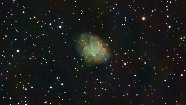 Image shows what the Crab Nebula looks like using a Seestar S50.