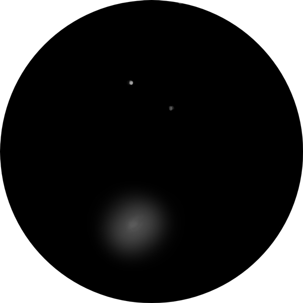 Sketch of Messier 87 (M87), the famous galaxy because of the photo of its black hole! This drawing shows that the galaxy, though faint, is viewable through a telescope under suburban skies.