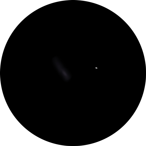 This sketch of Messier 64, also known as the Black Eye Galaxy, shows a faint diagonal wisp of smoke near a brighter star. The drawing show what the galaxy looks like under suburban skies using an 8-inch SCT scope with a 14mm eyepiece.