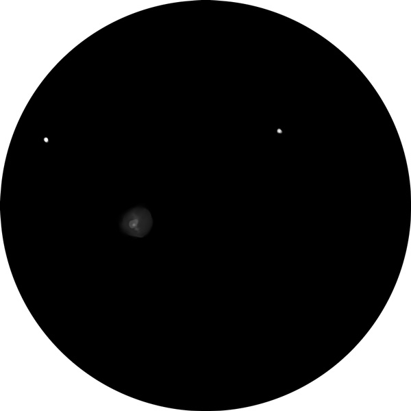 Sketch of Messier 94 (M94), called the Cat's Eye Galaxy, as it appears through an 8-inch SCT scope with a 16mm eyepiece. The drawing show how the galaxy appears under suburban skies as backyard astronomers aim their telescopes to the constellation Canes Venatici.