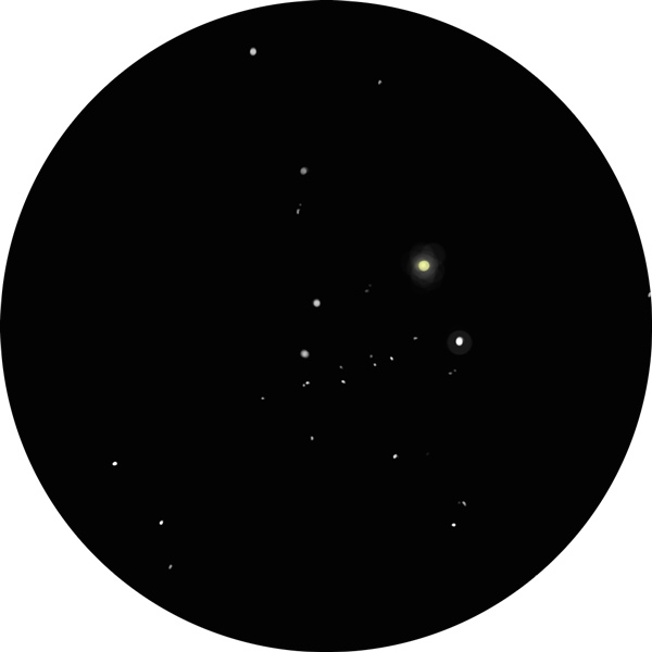 Sketch of NGC 457 as viewed through a telescope under suburban skies. The star show the outline of the owl's eyes and body. Also known as Caldwell 13 and E.T. Cluster.