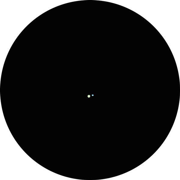 Drawing of the double star 54 Leonis in the constellation Leo in spring. It's a colorful binary star not to be missed with the colors yellow and green.