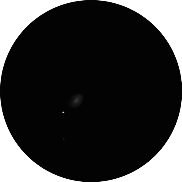 Sketch of Messier 63 showing how the galaxy looks in an 8-inch telescope under light-polluted suburban skies. The drawing show M63, also known as NGC 5055, a faint smudge due to the bright skies.