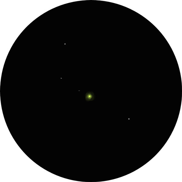 Sketch of Kappa Delphini through an 8-inch SCT scope under light polluted suburban skies. Illustrates bothe Kappa A, B, and C. 