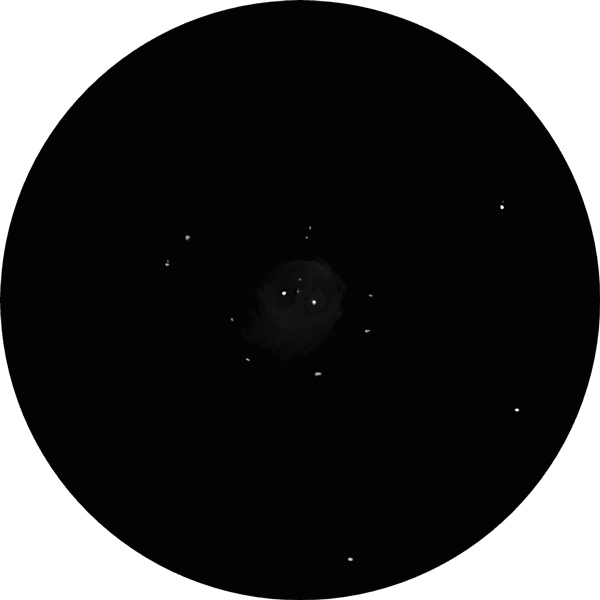 Sketch of NGC 6823 from light-polluted skies through an 8-inch SCT scope showing what it looks like, including the faint clouds of the surrounding emission nebula. 
