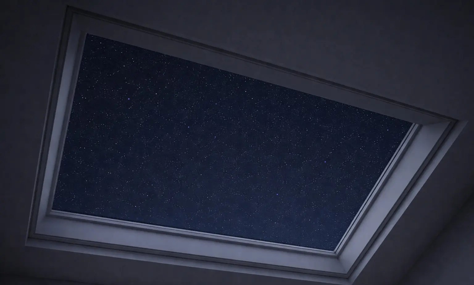 Skylight in a house at night with stars in the middle.