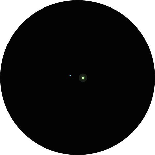 Sketch of the pretty double star, Phi Tauri, located in the constellation Taurus. Drawing shows what the binary looks like through an 8-inch telescope using a 12mm eyepiece.