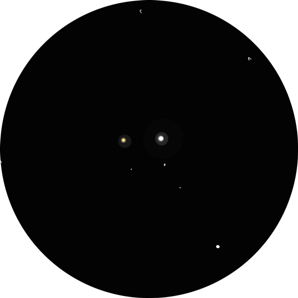 Sketch of m Persei, also known as 57 Per or SAO 39604. The drawing shows the double star as viewed through an 8-inch SCT scope with a 16mm eyepiece under suburban skies.