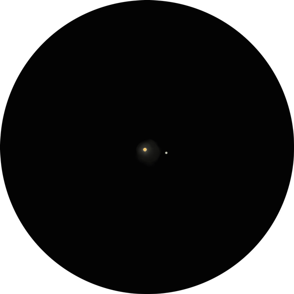 Sketch of 6 Leonis, a double star in the constellation Leo. Drawing shows how the stars look through an 8-inch SCT scope under light polluted skies. Designated also as SAO 117751, SHJ 107, HR 3779, HD 82381.