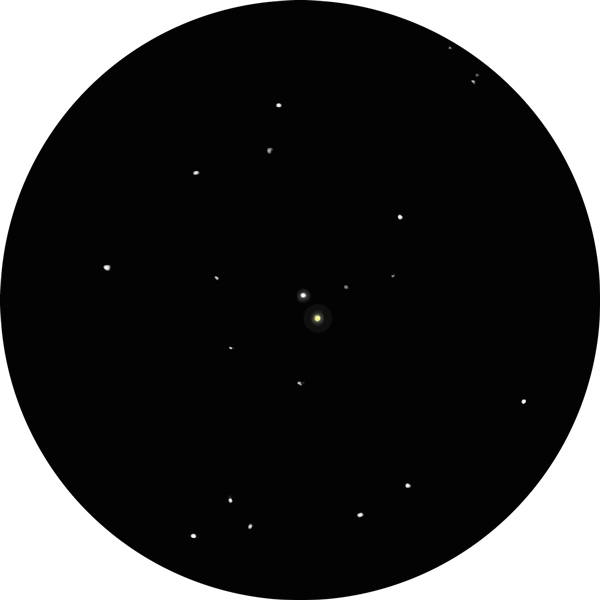 Sketch of Messier 44 (M44) Beehive Cluster zoomed in with a 12mm eyepiece in an 8-inch SCT under light-polluted skies. 