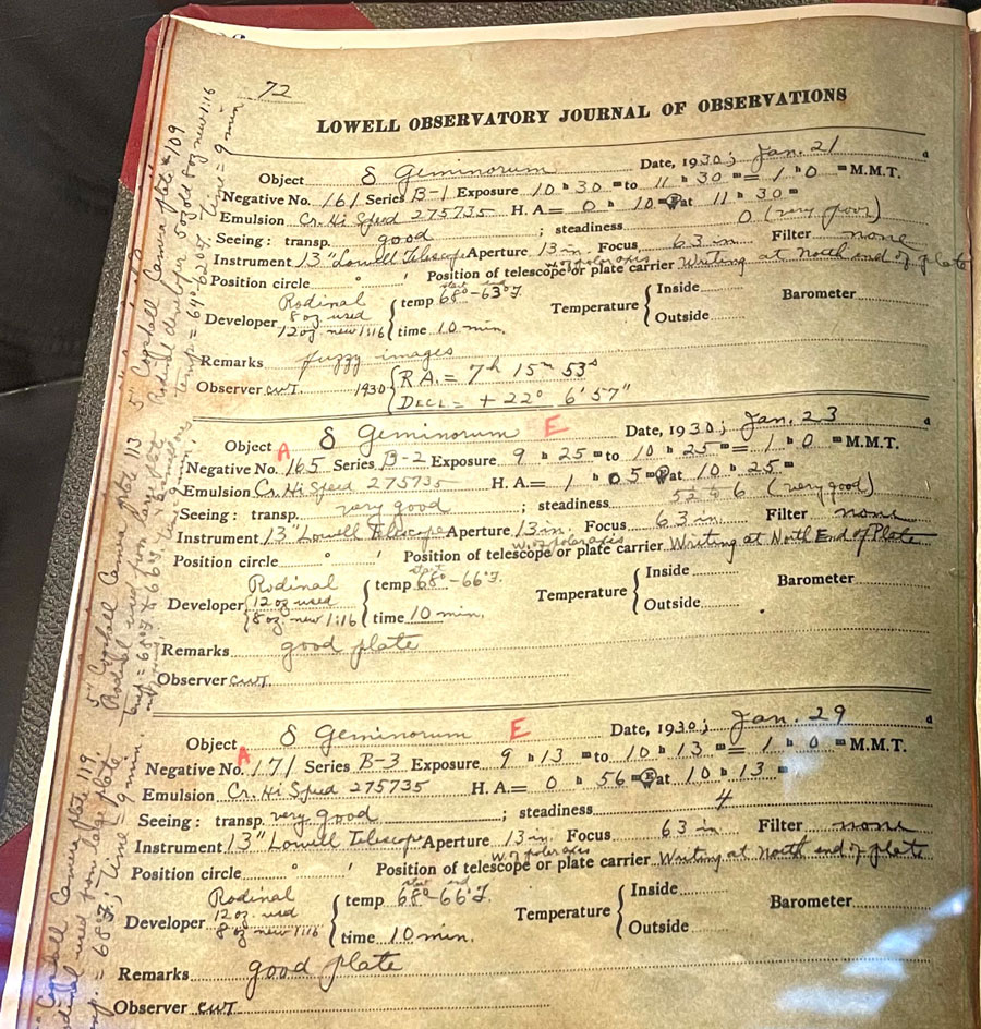 Detailed photograph of Clyde Tombaugh's journal entry about the photographic plates that contained the photo of Pluto.