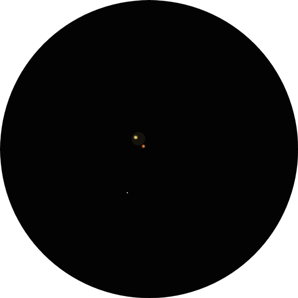 Sketch of binary 83 Leonis in the constellation of Leo. Drawing shows the double star as it appears through an 8-inch SCT scope with a 12mm eyepiece. The binary has an exoplanet and is known as SAO 118864, Struve 1540, and HD 99491.
