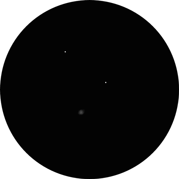 Sketch of Messier 59 (M59), which is an elliptical galaxy in the constellation Virgo. The drawing shows a faint fuzzy patch of light as the galaxy as viewed through an 8-inch SCT scope under suburban skies in spring.