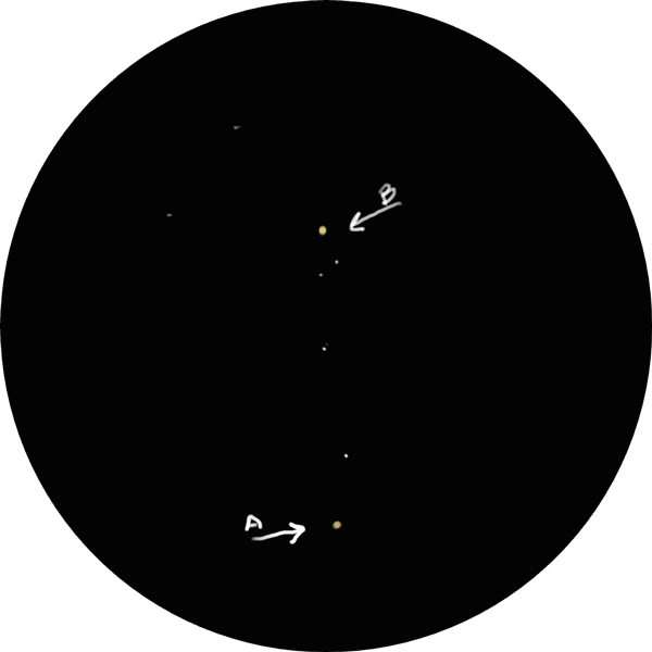 Sketch shows the double star HD 189751, known as SAO 69238, as viewed through a 24mm eyepiece on an 8-inch SCT scope. Also, the drawing shows the binary star HD 189864, known as Webb 9, as a colorful array of stars in the constellation Cygnus.