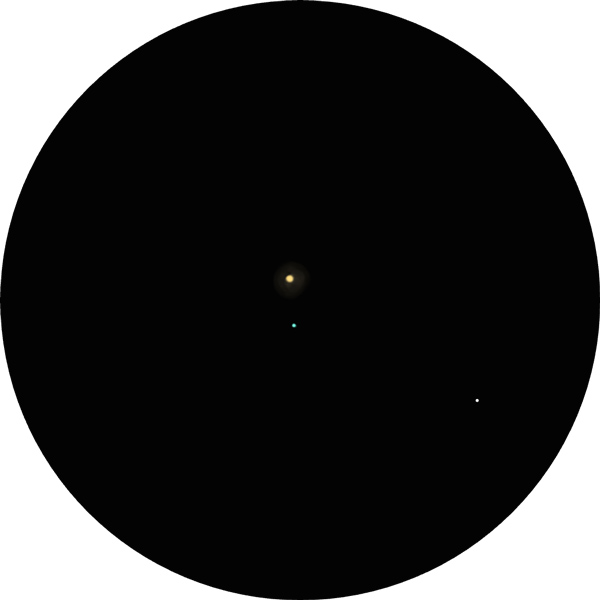 Sketch of double star Tau Leonis, also known as 84 Leo and SAO 118875. The drawing shows the binary in the Leo constellation through an 8-inch SCT telescope using a 12mm eyepiece.