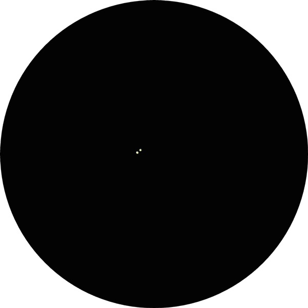 Sketch of the 54 Virginis, a double star in the constellation Virgo best viewed on spring nights. The drawing shows how the tight pair appears through an 8-inch SCT telescope with an 8mm eyepiece under suburban skies. Also known as LM Vir and SAO 157799 or HIP 65420.