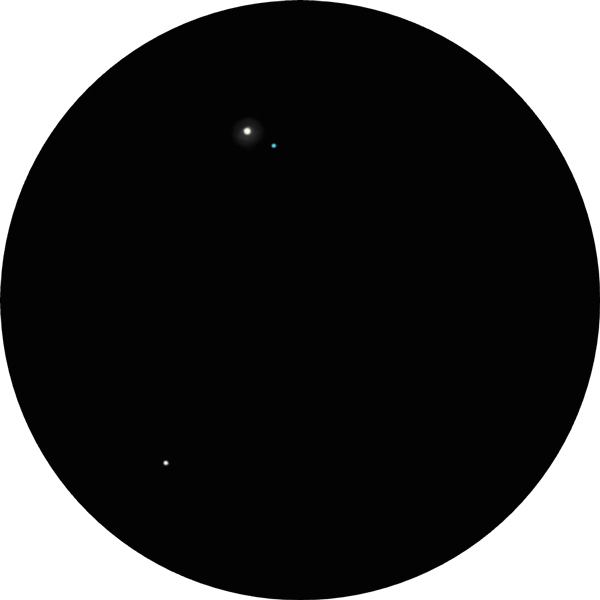 Sketch of the binary star Kappa Boötis in the springtime constellation of Boötes as viewed through an 8-inch scope using a 12mm eyepiece. The drawing shows the white and deep blue double star, also known as Asellus Tertius, K Boötis, or SAO 29045.