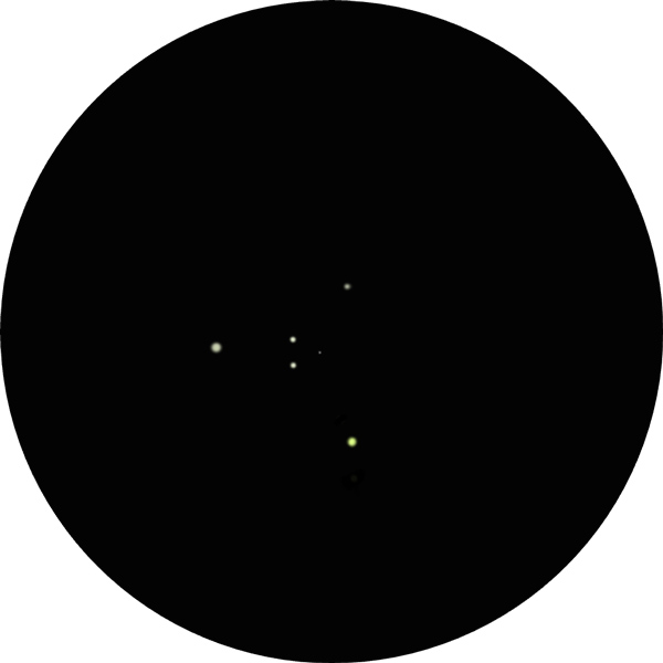 This sketch shows the triangle cluster also known as the Stargate Star Cluster or Asterism in the constellation Corvus best viewed in spring. The drawing shows what it looks like through a 12mm eyepiece in an 8-inch SCT scope from suburban skies. Also known as Struve STF 1659.