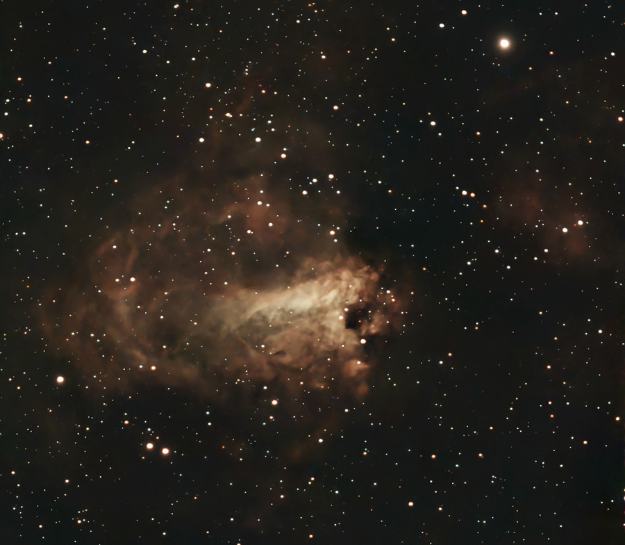 Seestar S50 photo of Messier 17 (NGC 6618), also called the Swan Nebula, in Sagittarius. Photo taken for 23 minutes with 133 images of 10 seconds each. Shot from Tampa, Florida, under light-polluted skies.