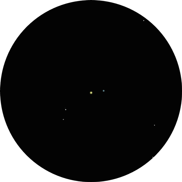 Sketch of the Albireo, also known as Beta Cygni double star in the constellation Cygnus. Drawing shows the stars as viewed through an 8-inch SCT scope using a 12mm eyepiece.