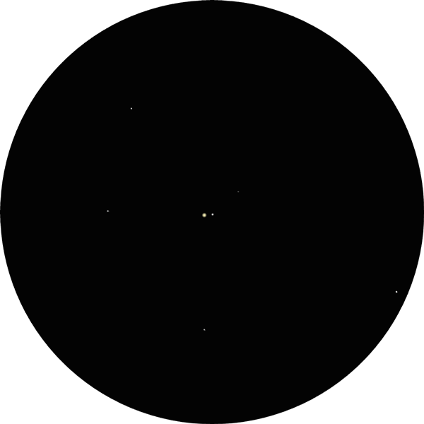 Sketch of Struve 2737, the double star known as Epsilon Equulei in the constellation Equuleus. The drawing shows the binary star and companions as viewed through an 8-inch SCT scope and 12mm eyepiece. Star also known as 1 Equ, STF 2737, SAO 126428.