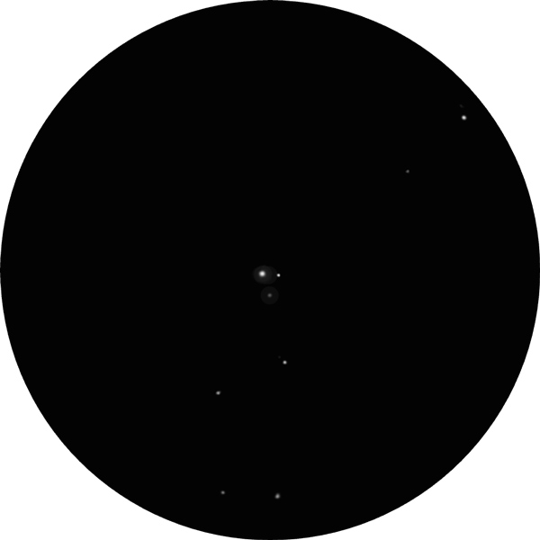 Sketch of Struve 2679 (STF 2679), double star system in the constellation Delphinus. The drawing shows the triangle of stars in this system as viewed through an 8-inch SCT scope using a 12mm eyepiece under urban light polluted skies. Also known as HIP 100638 and SAO 106068