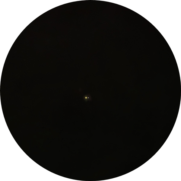 Sketch of Rho Orionis, a double star in the constellation Orion. This drawing shows what the binary looks like through an 8-inch SCT scope with a 12mm eyepiece under urban skies. The double is also known as Rho Ori, STF 654, SAO 112528.