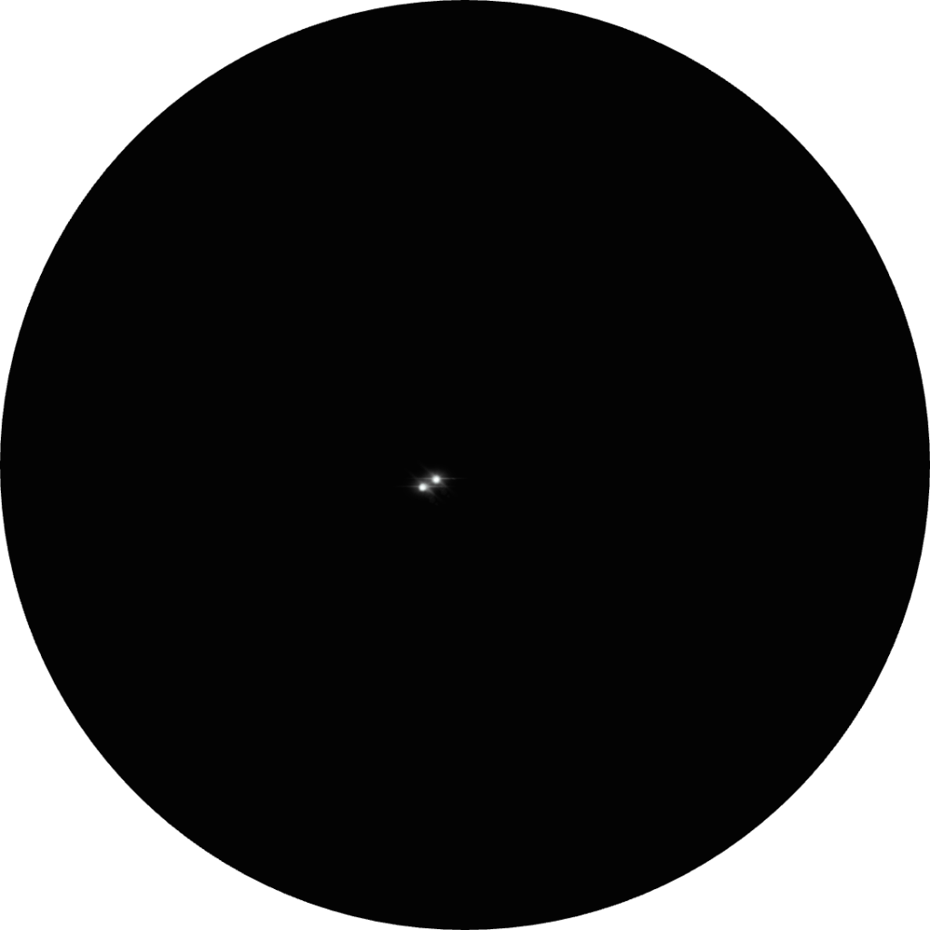 Sketch of Struve 274, a white binary star in the constellation Cetus. The drawing shows how the two stars are close in color and magnitude as they appear in a 12mm eyepiece through a 8-inch SCT astronomy telescope from a suburban backyard. The binary is also known as STF 274, HD 15695, SAO 110591, HIP 11737.