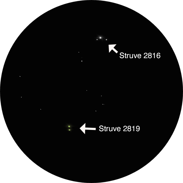Sketch of Struve 2816 and Struve 2819 as shown in the same 12mm eyepiece in a 8-inch SCT scope. Both sets of double and triple stars are beautiful in the constellation Cepheus. The drawing shows both sets of star also known as STF 2819 and 2816. Also go by (SAO 33626, HD 206267, HR 8281) and (SAO 33652, HD 206482)