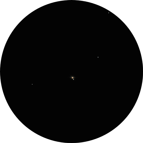 Sketch of the double star Struve 2404 in the summer constellation of Aquila. The drawing shows the magnitude 6.9 orange-giant primary with a close companion. The drawing shows how the binary star appears through an 8-inch SCT scope with a 12mm eyepiece under light-polluted suburban skies. The pair is also known as STF 2404, HD 174569, SAO 104170, HR 7099.