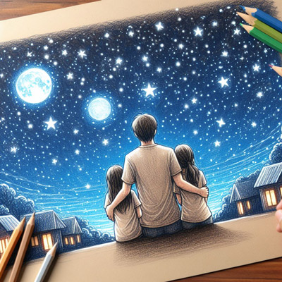 AI drawing of a father with his daughters looking at the night sky.
