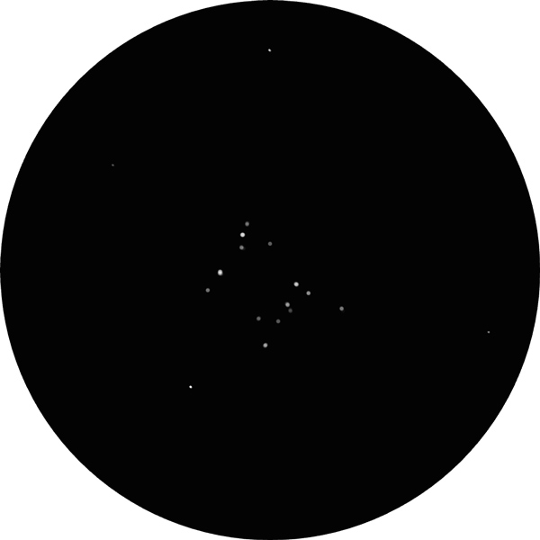 Sketch of NGC 2169 star cluster in Orion constellation also known as the "37 Cluster." This drawing shows how it appears through an 8-inch SCT scope with a 12mm eyepiece. It's also known as Collinder 83, XY Cluster, LE Cluster.