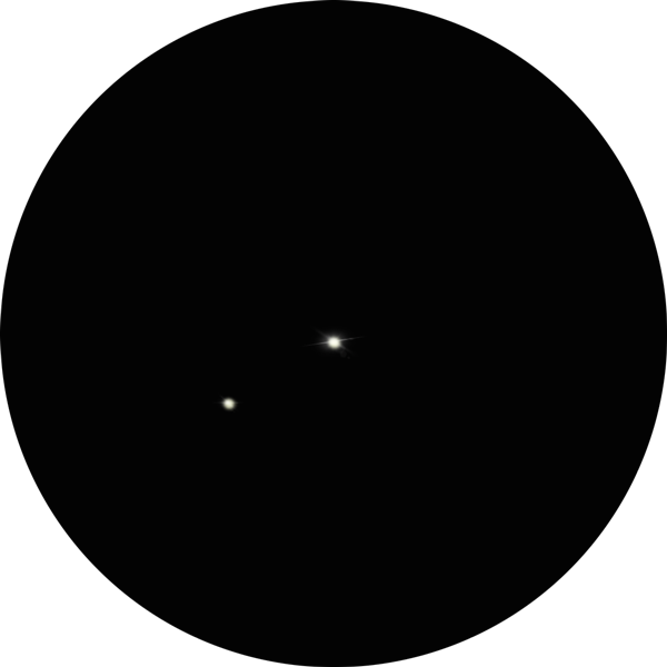 Sketch of 17 Canum Venaticorum, a visual double star in Canes Venatici. The drawing shows the pair as two white stars fairly far apart against the night sky as they appear in an 8-inch SCT scope with a 12mm eyepiece. The pair is also known as 17 CVn, STFA 24, SAO 63380, HD 
114447, HR 4971, HIP 64246, 16 CVn.