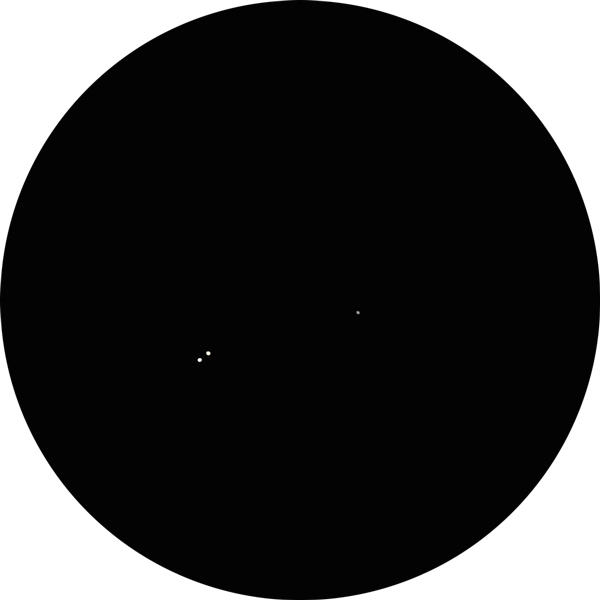 Sketch of 24 Cancri, multiple star system in the constellation Cancer. The system has a combined apparent magnitude of 6.5, and the two components A and B are separated by 5.7″ The drawing shows what the pair look like through an 8-inch SCT scope with an 8mm eyepiece under suburban skies. Also known as