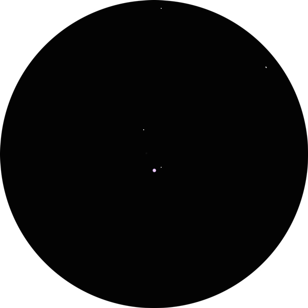 Sketch of 59 Cygni, a vibrant blue-white pair in the constellation Cygnus. The drawing shows how the pair appears in an 8-inch SCT scope under suburban skies. The pair is also known as 59 Cyg, STF 2743, V832 Cyg, HR 8047, SAO 50335, HD 200120.