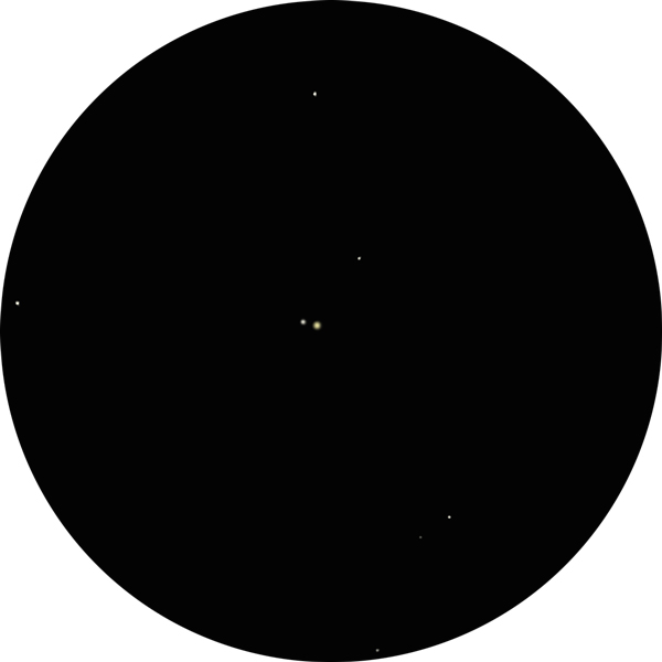 Sketch of OR Delphini (Struve 2725) binary star in the constellation Delpinus as viewed through a 10mm eyepiece in an 8-inch SCT telescope, observing under suburban skies. Also known as STF 2725, SAO 106466, HD 197913, HIP 102490, OR Del.
