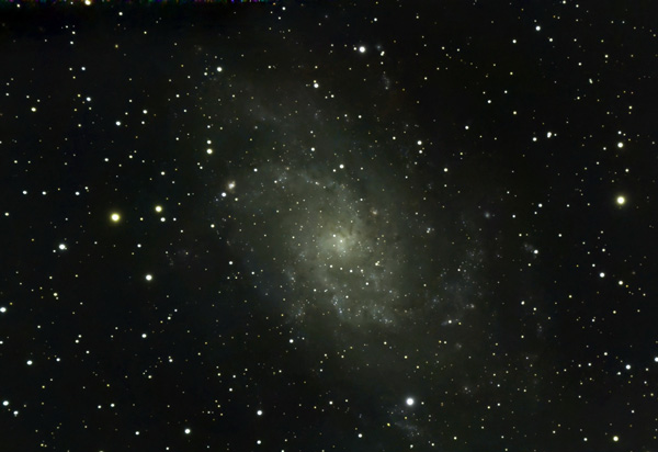 Photo of Messier 33 (M33) known as the Triangulum Galaxy or Pinwheel shot under Bortle 7 skies north of Tampa Bay, Florida. Shot using a Seestar S50 with 620, 10-second photos stacked and processed in Photoshop.