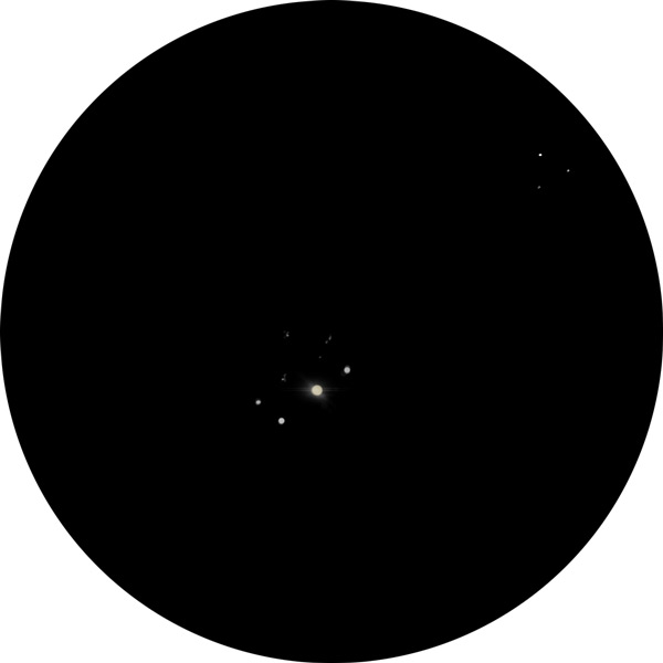 Sketch of NGC 2451, star cluster in constellation Puppis. The drawing also shows the orange star C Puupis as viewed through 15x70 binoculars under urban skies.