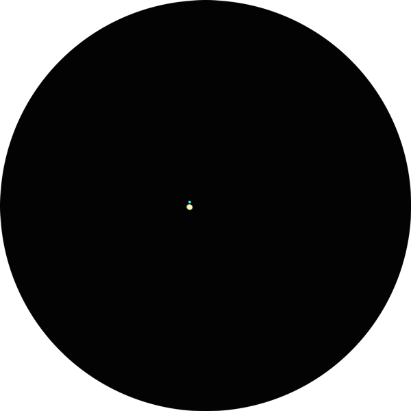 Drawing of the binary star in Hydra called Epsilon Hydrae (ε Hya). The sketch shows what it looks like through a 8-inch SCT telescope using a 12mm eyepiece. The double is also known as SAO 117112, Eps Hya, 11 Hydrae, ε Hya, HD
74874, HIP 43109, HR 3482.