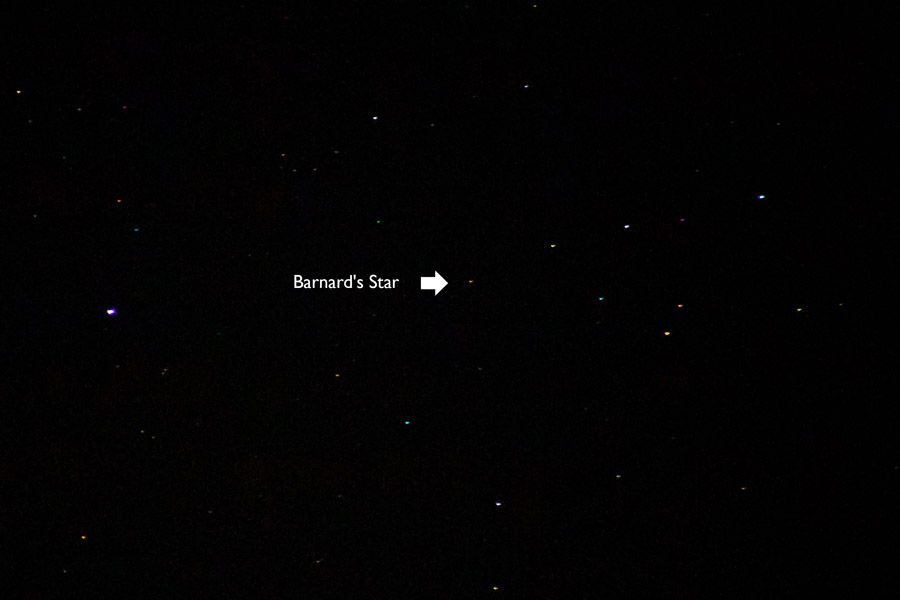 Photograph of Barnard's Star against a background of stars taken in October 2019. It illustrates it's current position in that year before moving on as a quick moving star with a high proper motion.