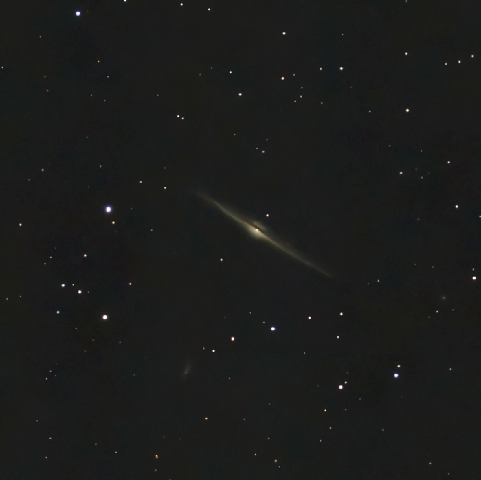 Seestar S50 photo of the Needle Galaxy from Tampa, Florida on June 16, 2025, taken with 10-second exposures over a 6-minute time period. It also features the faint smudge of light from NGC 4562.
