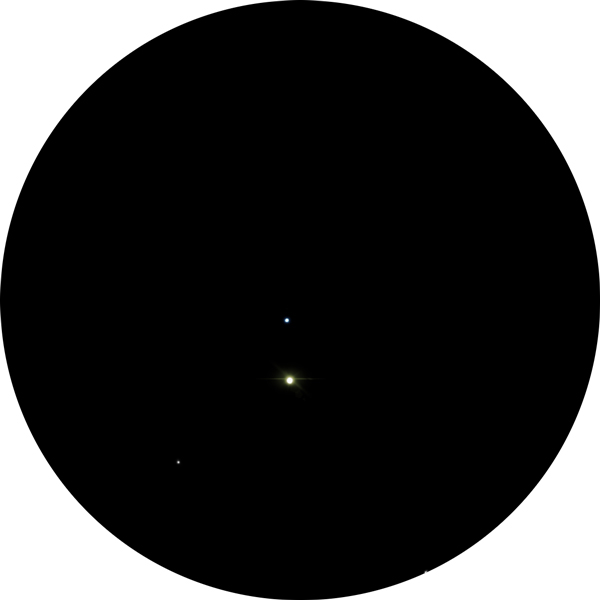 Sketch of binary star HD 118266 in the constellation Virgo. This double star has a orange primary with a dim blue companion as viewed through an 8-inch SCT telescope with a 12mm eyepiece under suburban skies. Also registered as: SAO 100630, HIP 66326, HR 5114.
