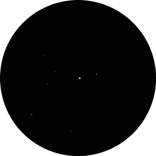 This sketch shows what the double star Epsilon Sagittae in the constellation Sagitta looks like through a telescope using a 12mm eyepiece at 169x magnification. The drawing shows the subtle colors of yellow and blue pair. Also known as: SAO 105061, HD 185194, 4 Sagittae, Eps Sge, HIP 96516, HR 7463, H VI 26