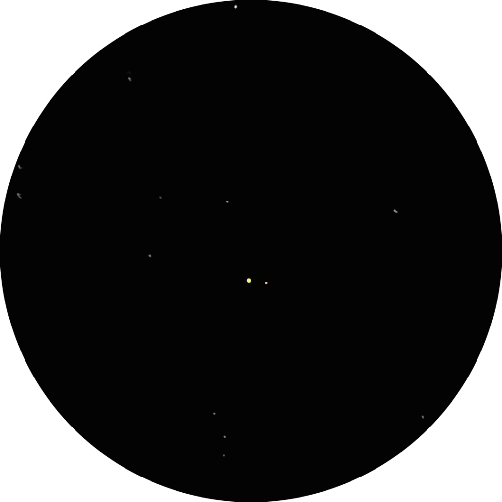 Sketch of 17 Cygni in the constellation of Cygnus. The binary star appears as a nice yellow and white pair with a wide separation. The drawing shows how the double star appears through an 8-inch SCT scope using a 12mm eyepiece under suburban skies. Also known as: SAO 68827, 17 Cyg, HR 7534, HD 187013, HIP 97295, STF 2580