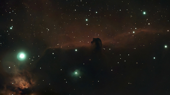 Seestar S50 image of IC 434, also known as Orion's Horsehead Nebula. The photo was taken on January 3, 2025 using 363 10-second images over 59 minutes of time. The image is stacked. Shot under Bortle 7-8 skies outside of Tampa, Florida, USA