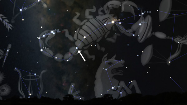 Illustration of where Mu Scorpii double star is in Scorpius.