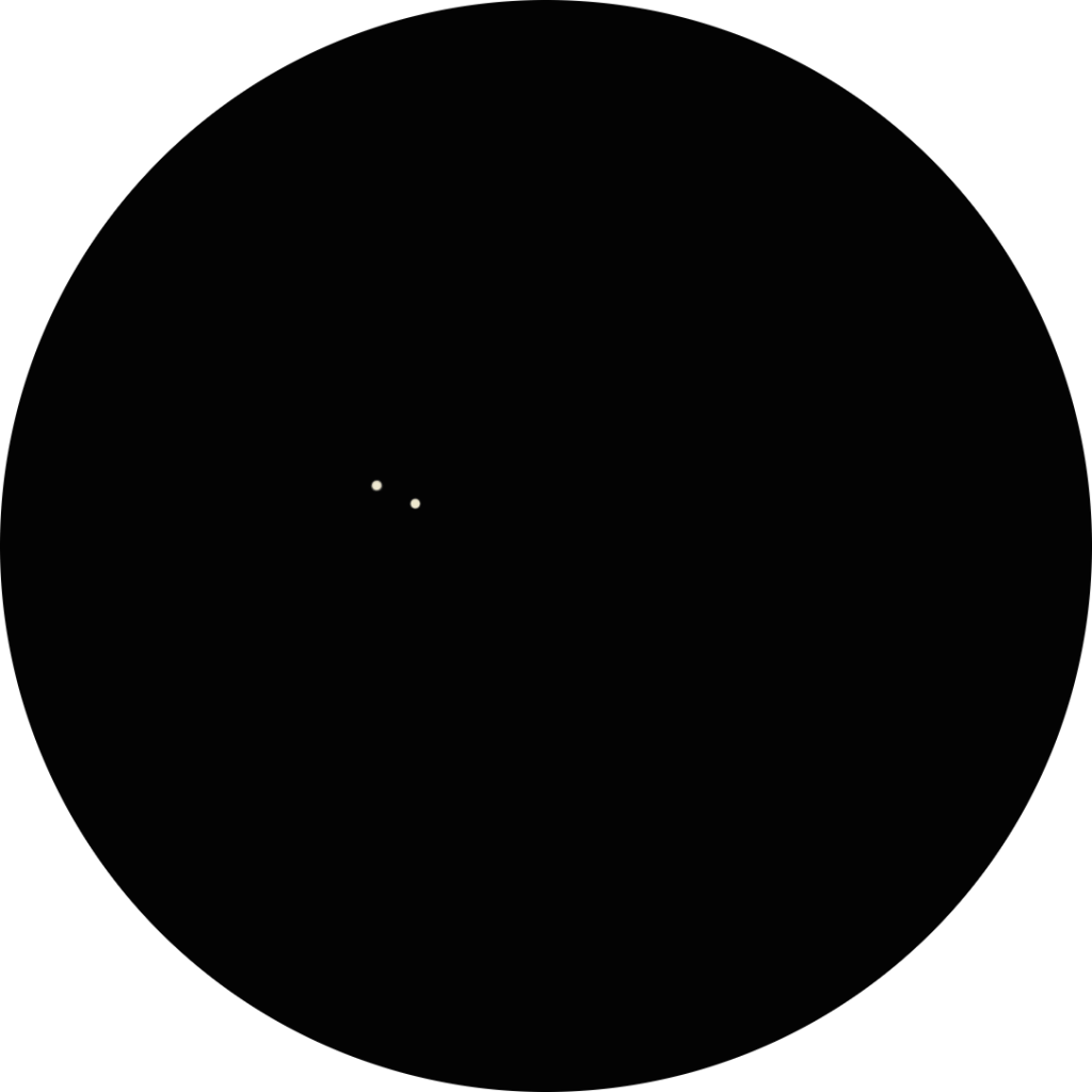 Sketch of Struve 1850 binary star in the constellation of Bootes. The drawing shows the two stars as they appear through an 8-inch SCT telescope under suburban skies using a 12mm eyepiece. The pair is also known as: STF 1850, HD 127067, SAO 83374, HIP 70786, HR 5414