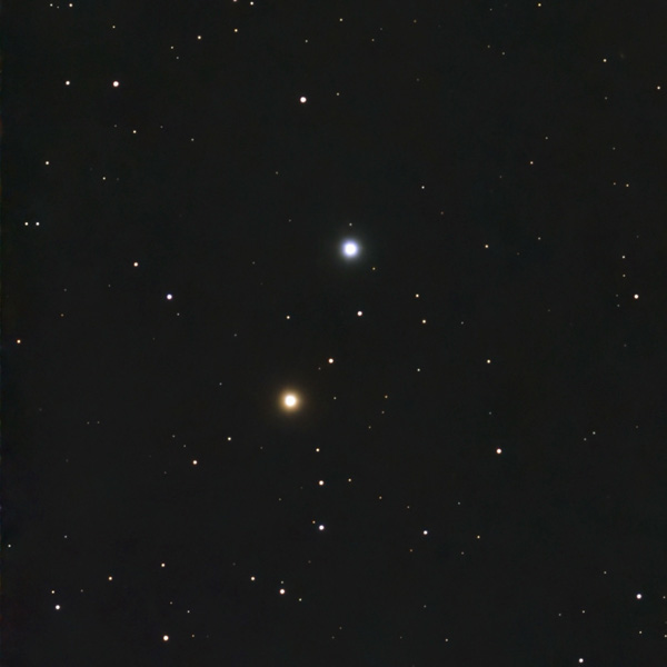 Image shows a photo from a Seestar S50 of Nu Bootis in the constellation Bootes, a great pair to view in telescope and binoculars. 