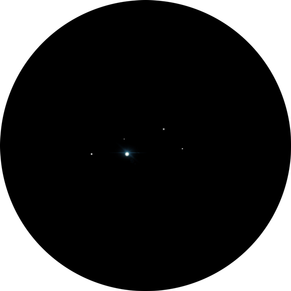 Sketch of Gomeisa, bright blue star in Canis Minor. Drawing shows what the star looks like through an 8-inch telescope with a 12mm eyepiece at 169x magnification under suburban skies. Also known as Beta Canis Minoris, β CMi, 3 Canis Minoris, HIP 36188, HR 2845, HD 58715

