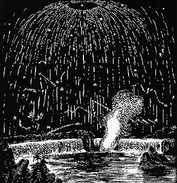 A picture of a woodcut print, showing the meteor shower as seen at the Niagara Falls on November 13, 1833.